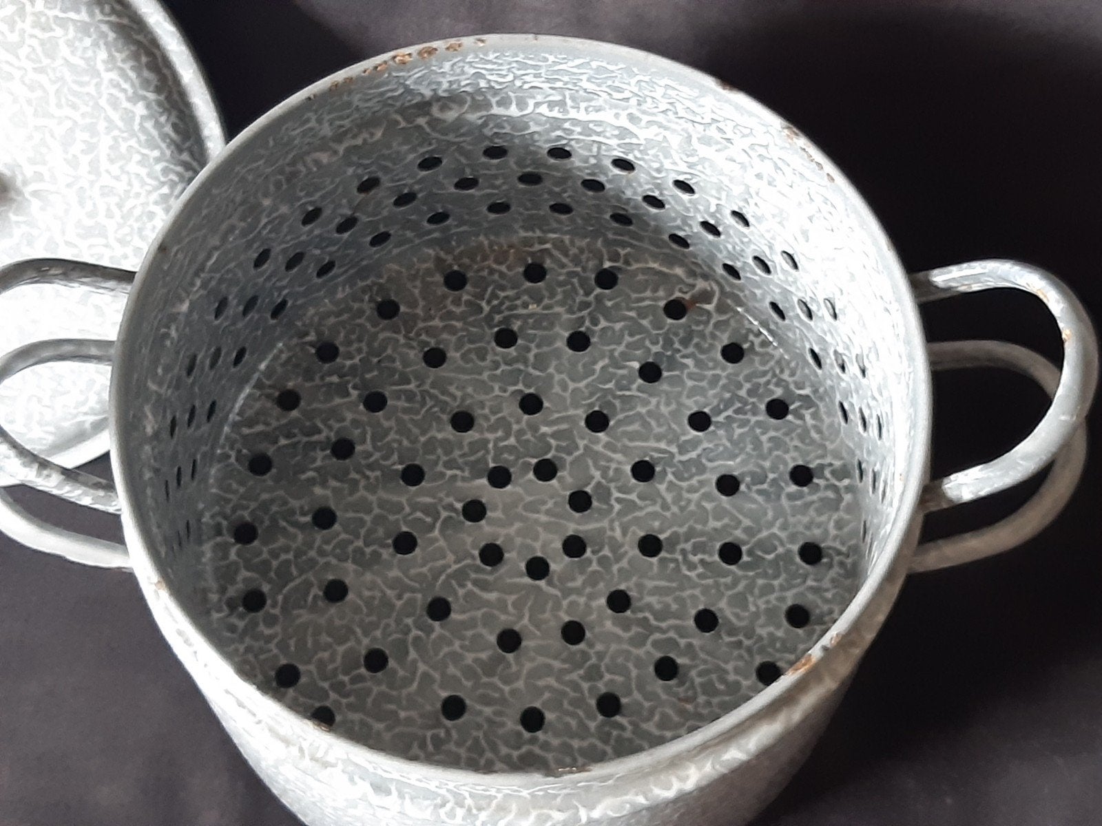 Grote emaille stoompan 3-delig grijsgewolkt, stoer brocante, Ophalen of Verzenden