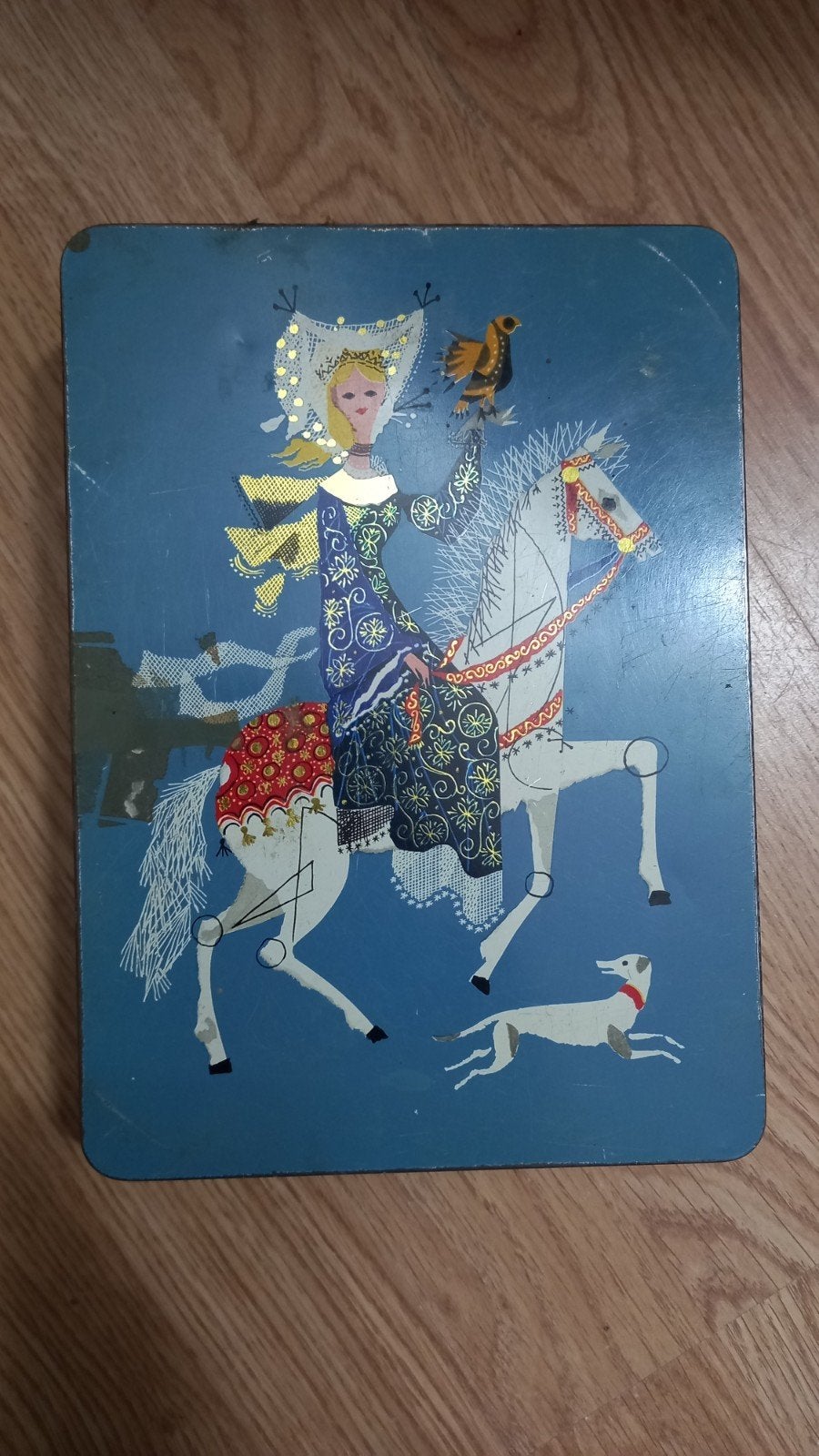 Vintage Verkade blik met prinses op paard - 16x22x6 cm, Verzamelen, Ophalen of Verzenden, Gebruikt, Koek(jes), Verkade