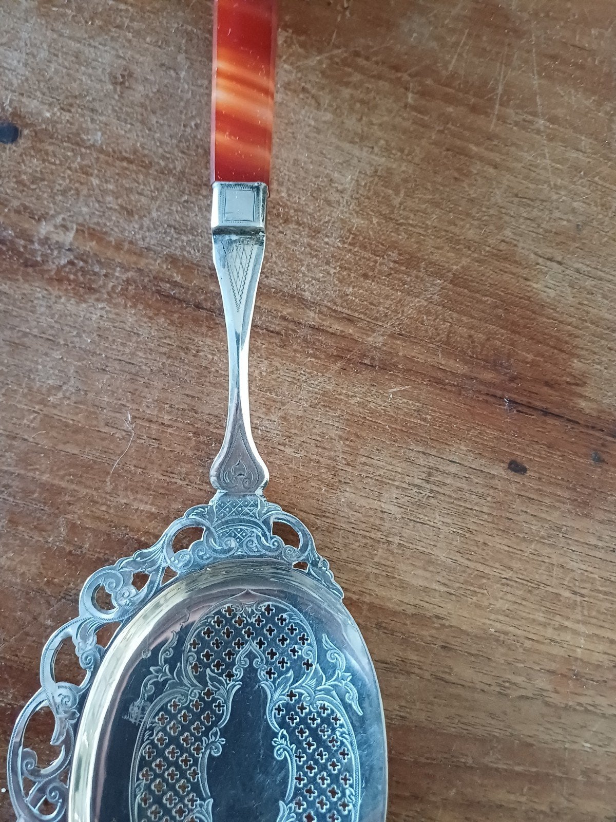 Antieke zilveren fruitschep met agaat handvat, Ophalen of Verzenden, Zilver