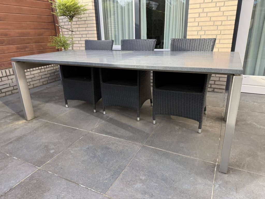 RVS tuintafel met Belgisch hardstenen blad 220x100 cm, Ophalen, Zo goed als nieuw, X, Rechthoekig
