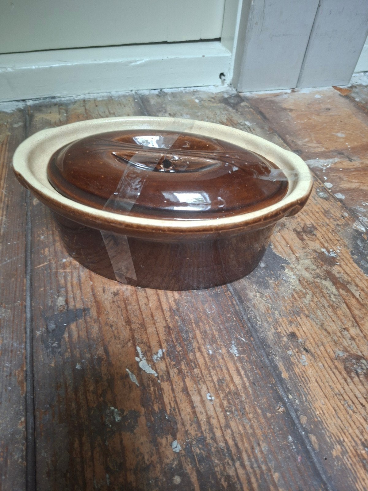 Vintage Terrine Ovenschaal met Deksel - Bruin/Crème, Antiek en Kunst, Ophalen of Verzenden