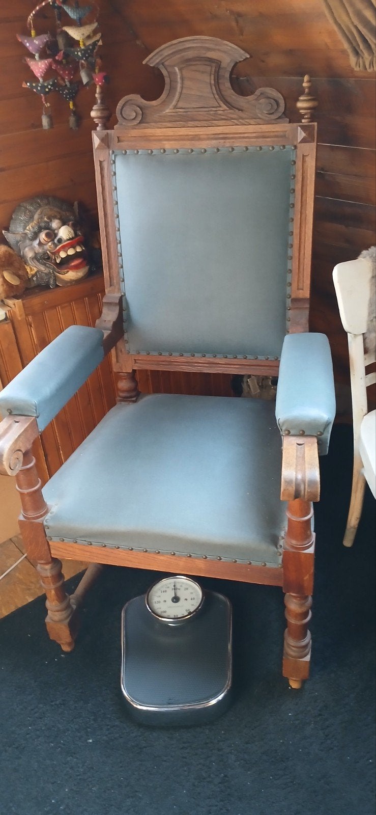 Antieke Eiken Troonstoel met Groen Lederen Bekleding, Antiek en Kunst, Ophalen of Verzenden