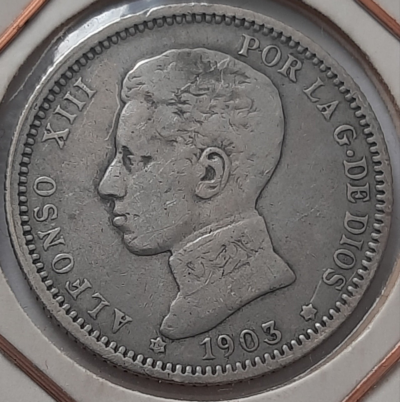 Spanje 1 peseta 1903 ( Zilver) KM# 721., Ophalen of Verzenden, Overige landen, Losse munt, Zilver