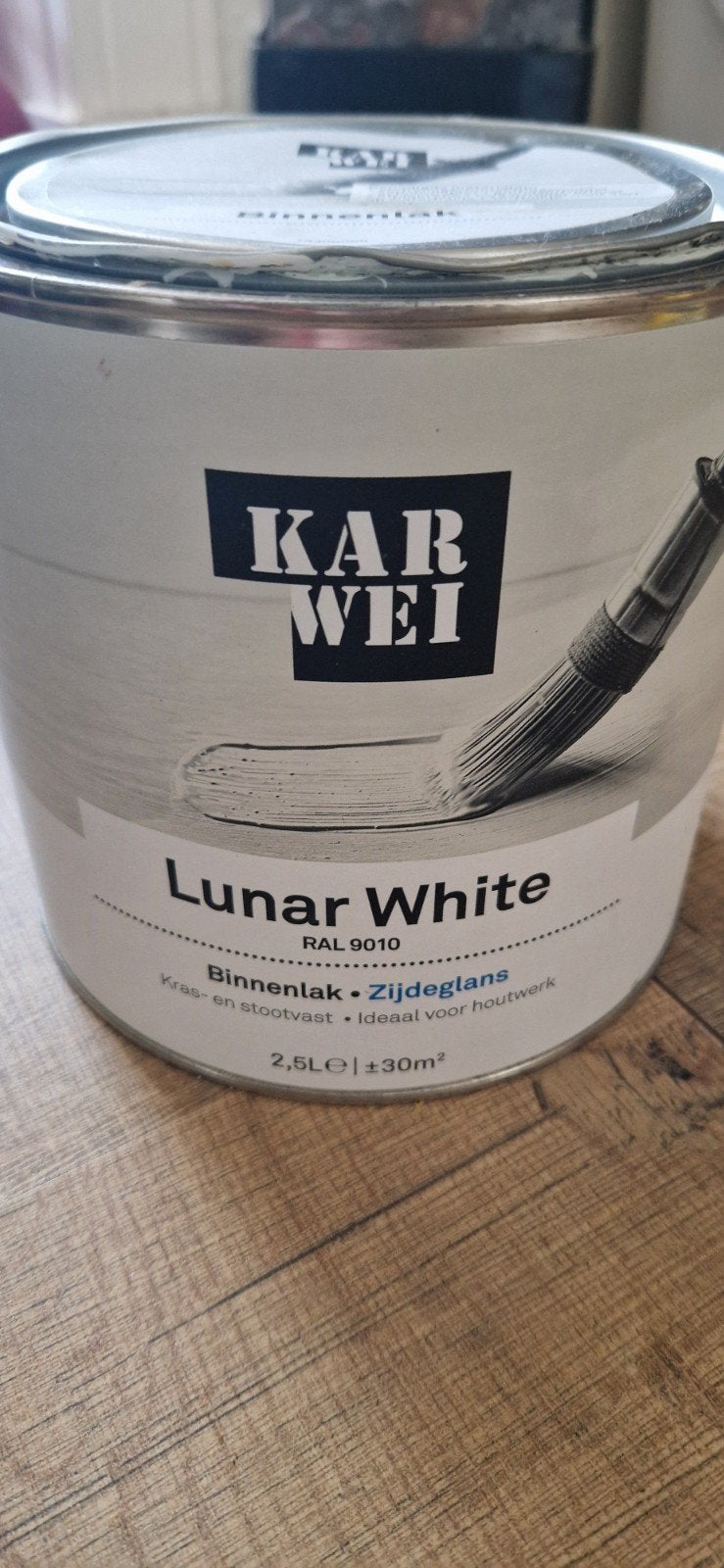 Karwei Binnenlak Zijdeglans Lunar White RAL 9010 2.5L, Doe-het-zelf en Verbouw, Verf, Beits en Lak, Ophalen, Wit, Zo goed als nieuw