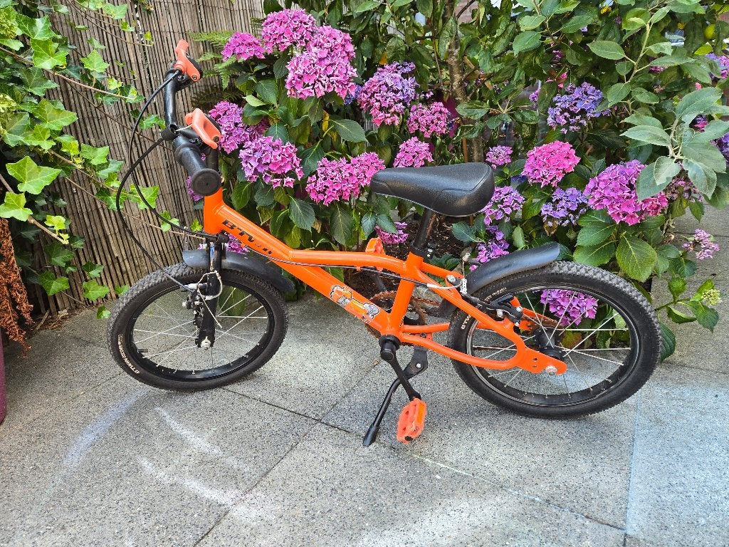 Fiets oranje, Ophalen, Gebruikt, Velgrem, 14 inch of minder