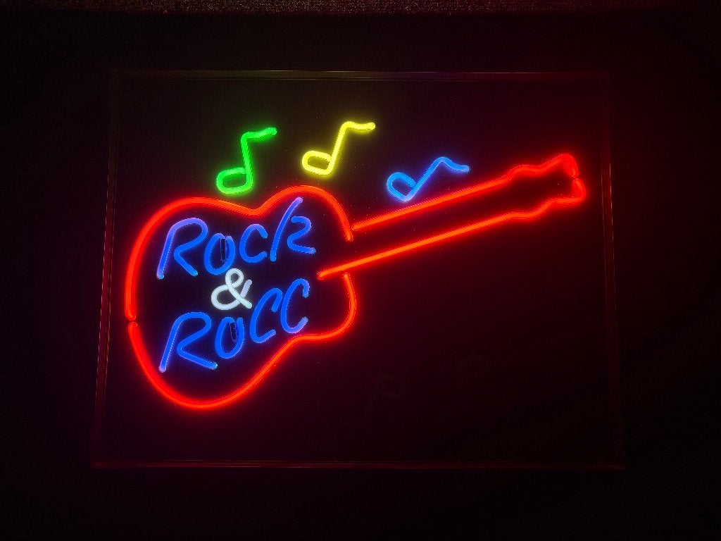 Echte neon reclame Rock & Roll gitaar met bewegende tonen, Ophalen of Verzenden, Zo goed als nieuw, Lichtbak of (neon) lamp