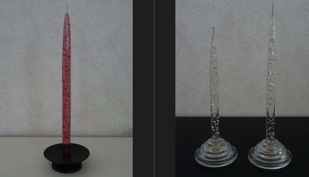 3 acryl/lucite kaarsen met snippers + bijpassende kandelaars, Ophalen of Verzenden, Zo goed als nieuw, Meerkleurig, Overige materialen