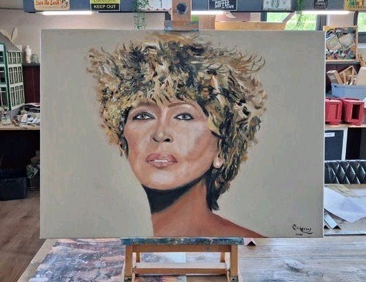 Prachtig Portret van Tina Turner - Olieverf op doek, Origineel werk, Doek, Portret of Personen, Realistisch