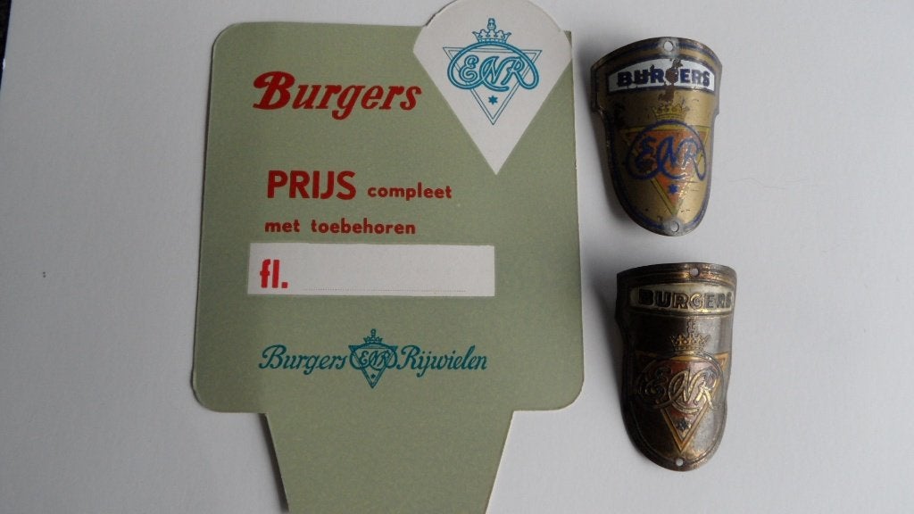 Burgers ENR oldtimerrijwiel balhoofdplaatjes + prijskarton, Verzenden, Gebruikt, Gebruiksvoorwerp