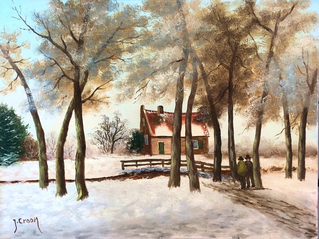 J. Croon Schilderij 'Huisje in de sneeuw', Antiek en Kunst, Ophalen of Verzenden