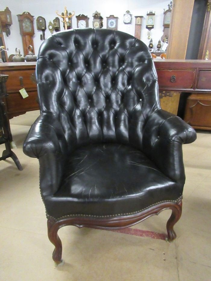 Oer 11128 vintage donkerblauw leren Engelse fauteuil, Ophalen, Gebruikt, Leer