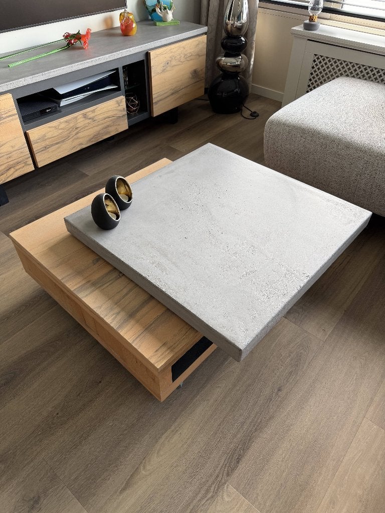 XOOON Salontafel Betonlook 80x80cm, Huis en Inrichting, Tafels | Salontafels, Ophalen, Eikenhout, 50 tot 100 cm, Modern, Industrieel