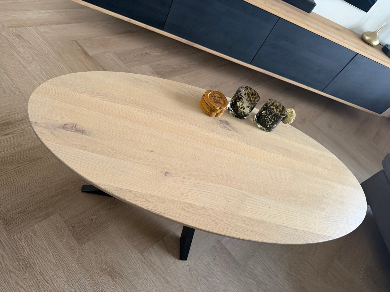 Massief eiken salontafel ovaal met verjongde rand, Ophalen, 100 tot 150 cm, Eikenhout, 50 tot 100 cm