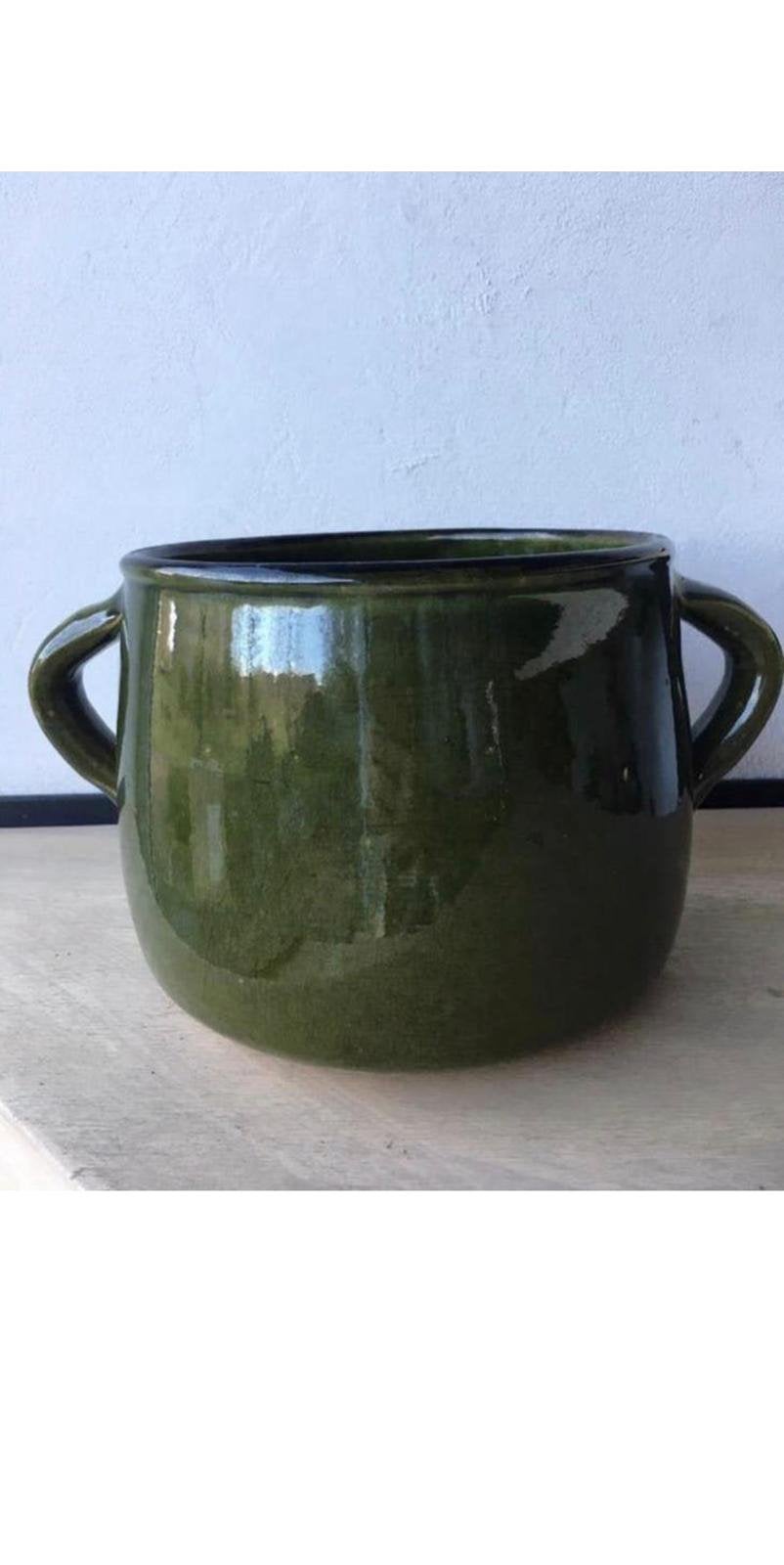 Vintage groene keramische pot met handvatten, Antiek en Kunst, Ophalen