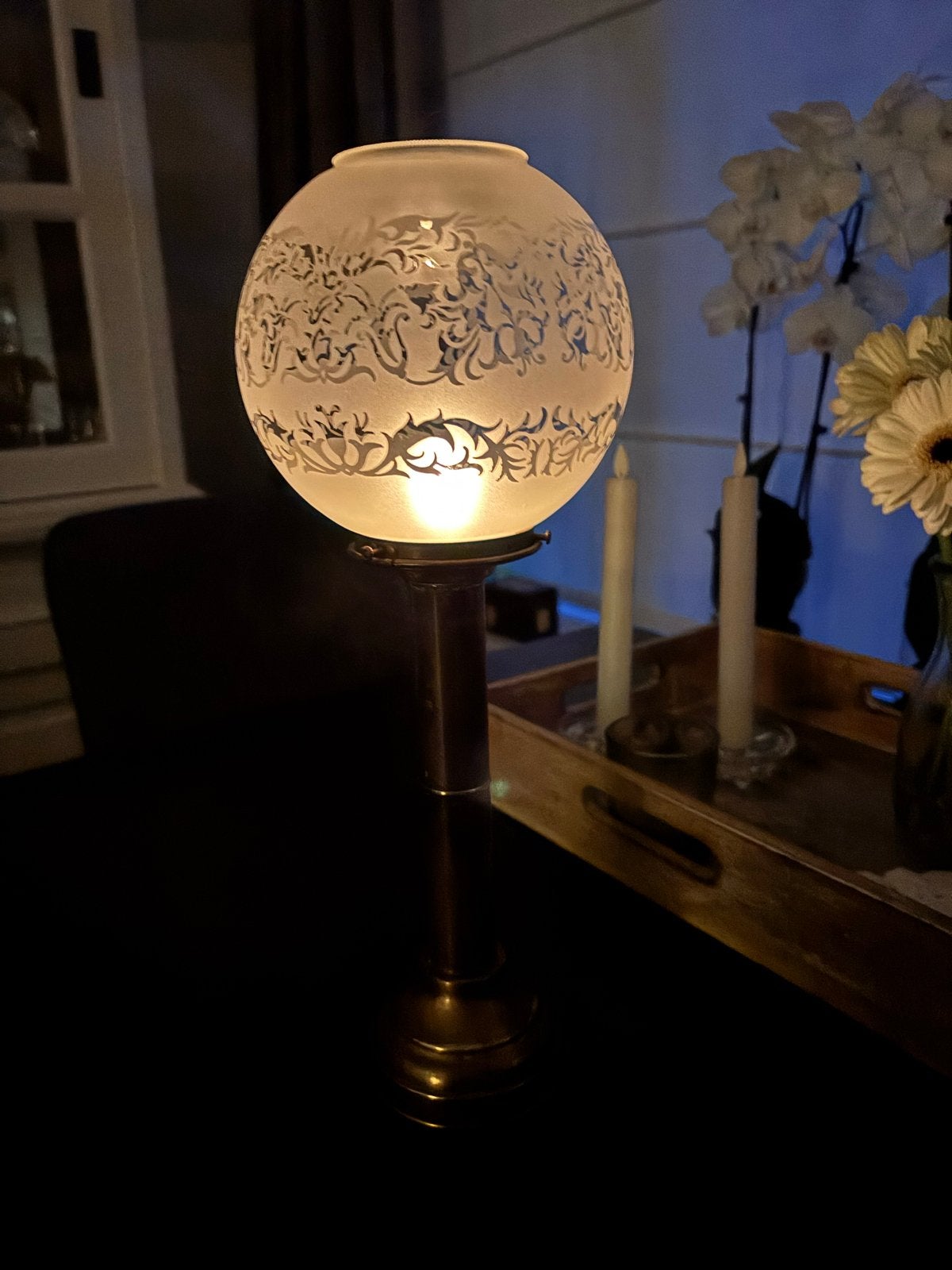 Nostalgische Kaarslamp met Sierlijk Glas, Ophalen of Verzenden