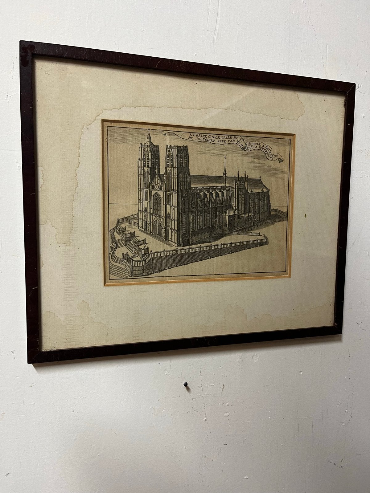 Antieke Gravure: Collegiale Kerk van St. Gudula, Brussel, Ingelijst, 1800 - 1899, Architectuur, Ophalen of Verzenden