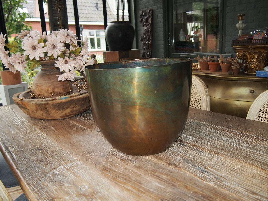 Metalen Bloempot - 33 cm hoog, 39 cm breed, Tuin en Terras, 25 tot 40 cm, Gebruikt, Rond, Ophalen of Verzenden