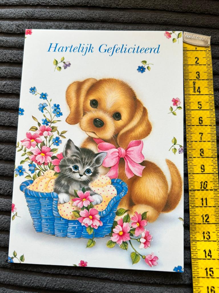 64. Vintage kinderkaart Hond mandje poesje, Ophalen of Verzenden, Ongelopen