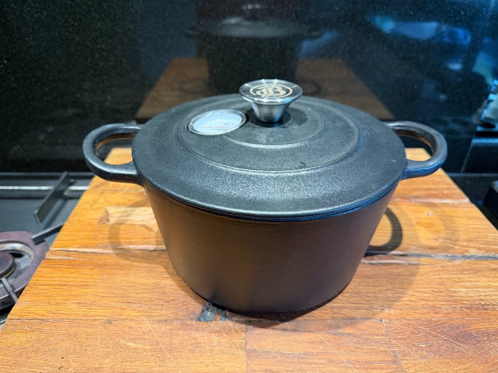 ✅Gusta Herman den Blijker Braadpan gietijzer thermometer ø24, Met handvatten, Ophalen of Verzenden, Zo goed als nieuw, Overige merken