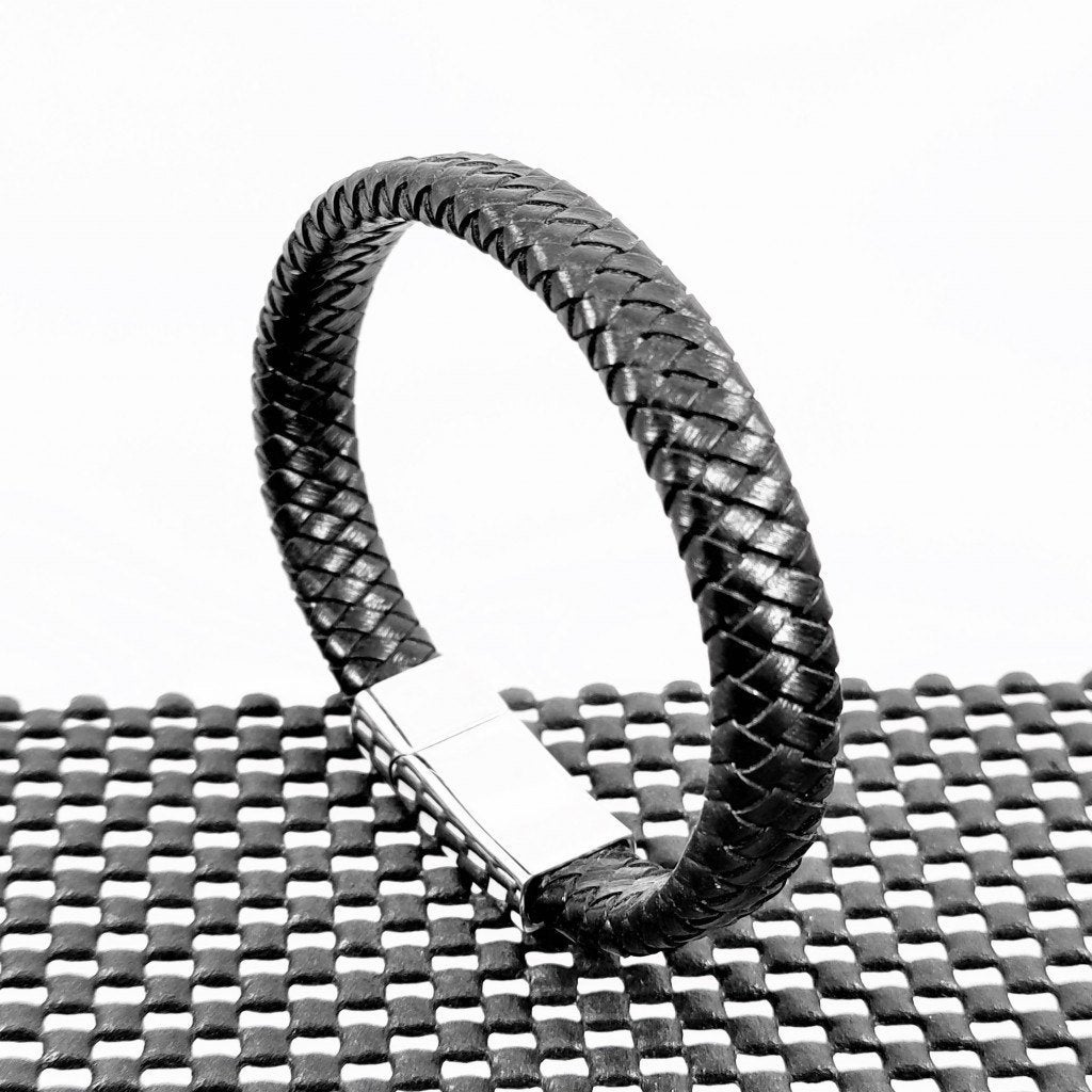 Heren - Dames Gevlochten Leren Armband Zwart Stalen Sluiting, Birgitta-Gracht 33, 6465 EL Kerkrade, Nederland, Verzenden, Zwart