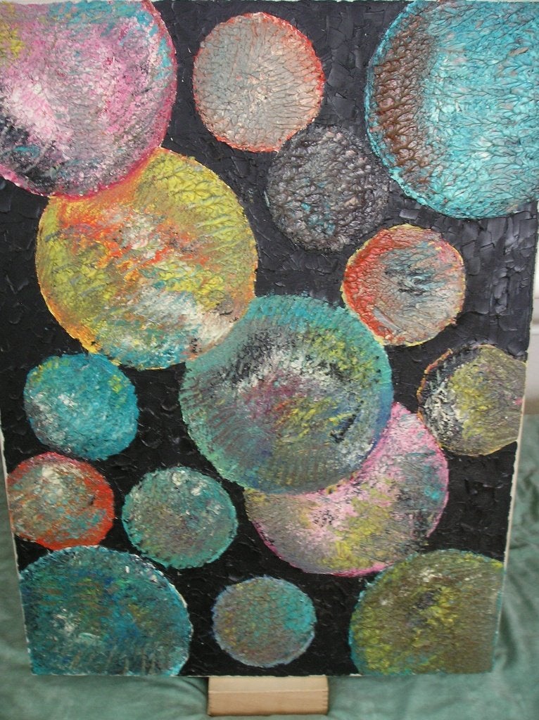 Kleurrijk modern schilderij van bollen of Planeten, Antiek en Kunst, Ophalen of Verzenden, Handgeschilderd, Overig onderwerp