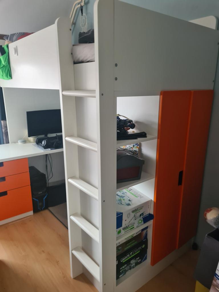 IKEA Hoogslaper met bureau en kast - Wit/Oranje, Huis en Inrichting, Ophalen, Gebruikt, Eenpersoons, 200 cm