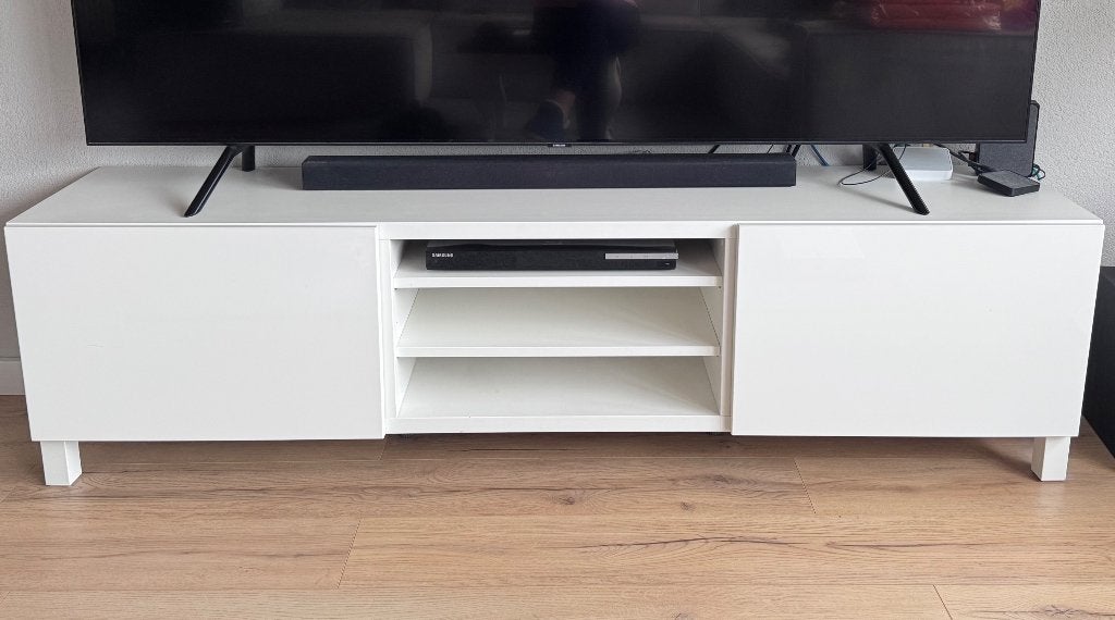 Tv meubel besta ikea 180 cm  hoogglans witte deuren., Ophalen, 150 tot 200 cm, Zo goed als nieuw, 150 tot 200 cm