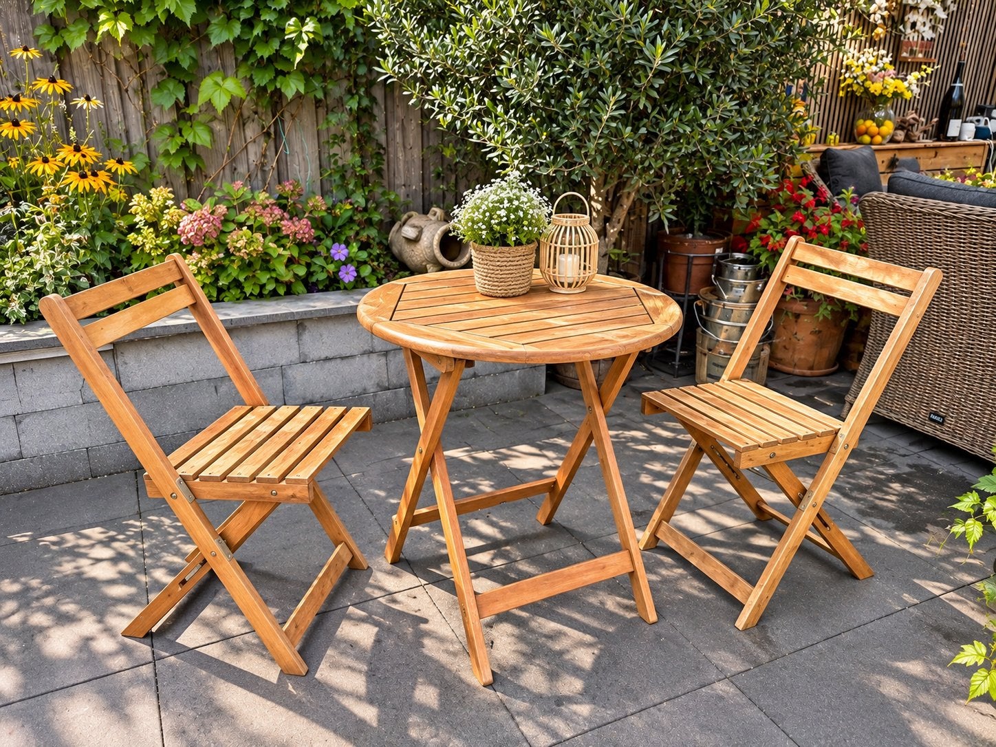 Houten bistro set 2 stoelen en tafel (3 setjes beschikbaar), Tuin en Terras, 2 zitplaatsen, Eettafel, Ophalen of Verzenden, Zo goed als nieuw