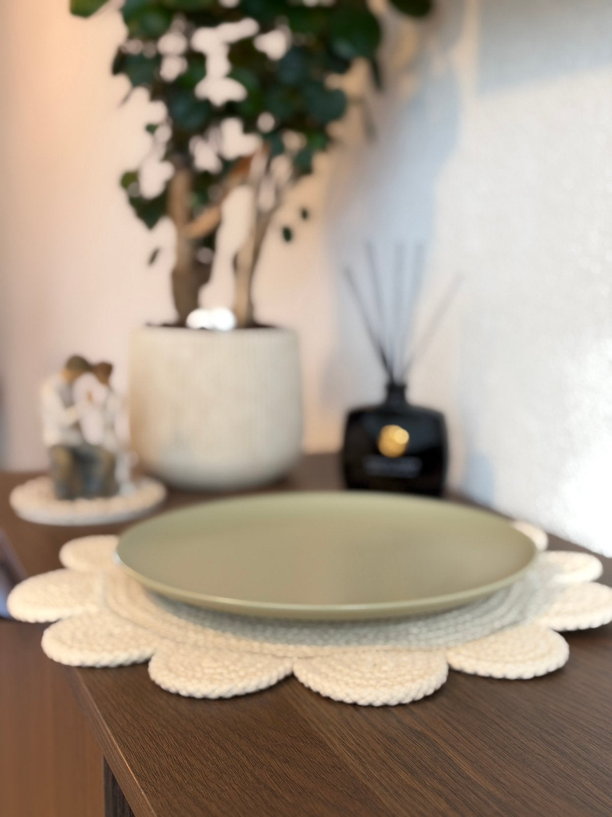 Handgemaakte bloemvormige placemat, gevlochten katoen, crème, Ophalen, Rond, Nieuw, Katoen