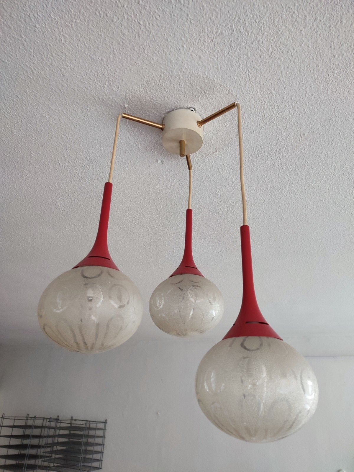 Vintage 3 glazen bollen cascade Space Age rode lamp, Ophalen of Verzenden, Gebruikt, Plafondlamp, Vintage
