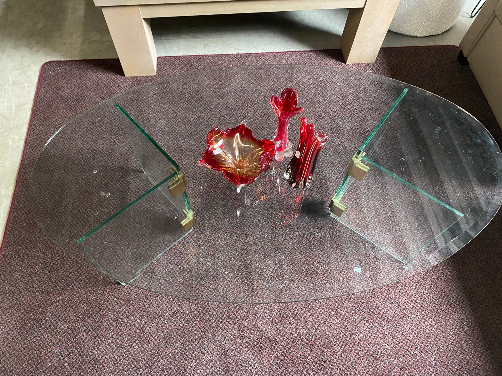 Ovale glazen salontafel, Ophalen, Gebruikt, 100 tot 150 cm, 50 tot 100 cm