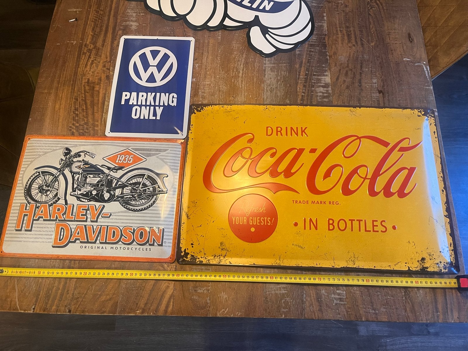 Vintage ijzeren reclameborden: Coca-Cola, Harley-Davidson, V, Verzamelen, Ophalen of Verzenden, Gebruikt, Reclamebord