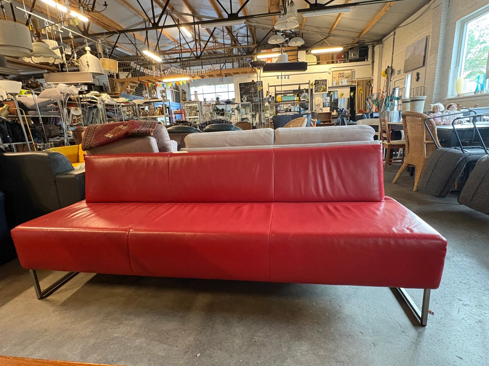 Mooi rood leren bankstel 220 cm, Ophalen, Gebruikt, Driepersoons, 75 tot 100 cm