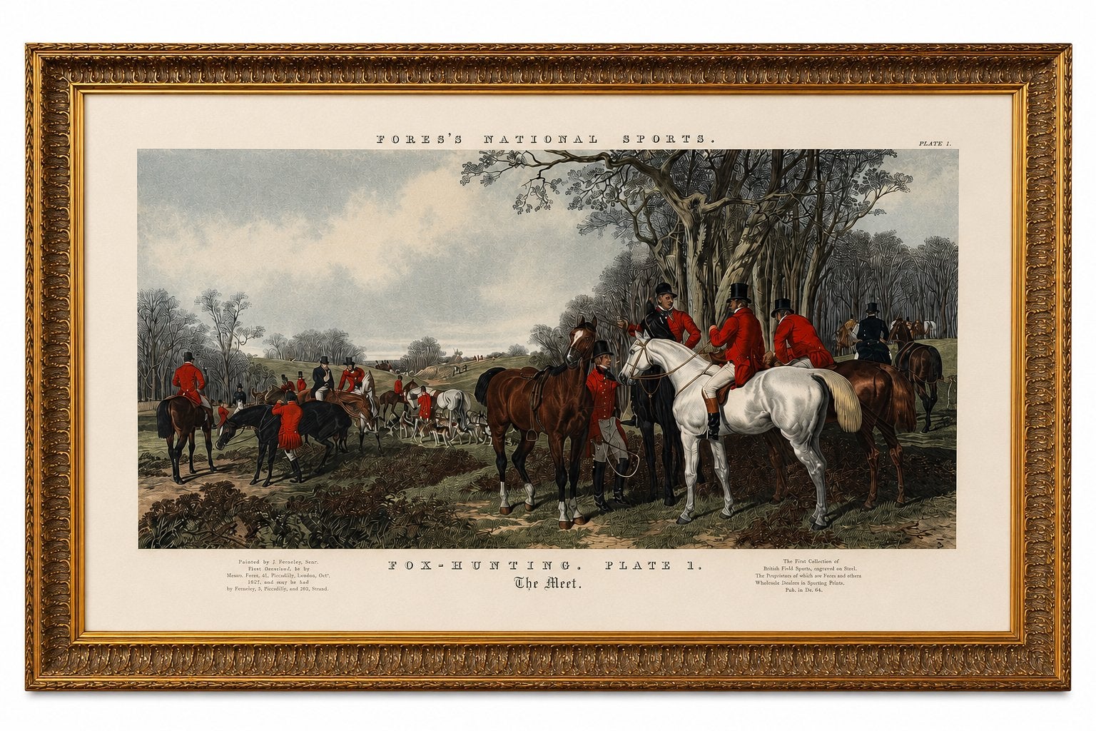 Antieke kleurenlitho 'Fox-Hunting. The Meet' (1846), 1800 - 1899, Ophalen of Verzenden, Lithografie, Ingelijst