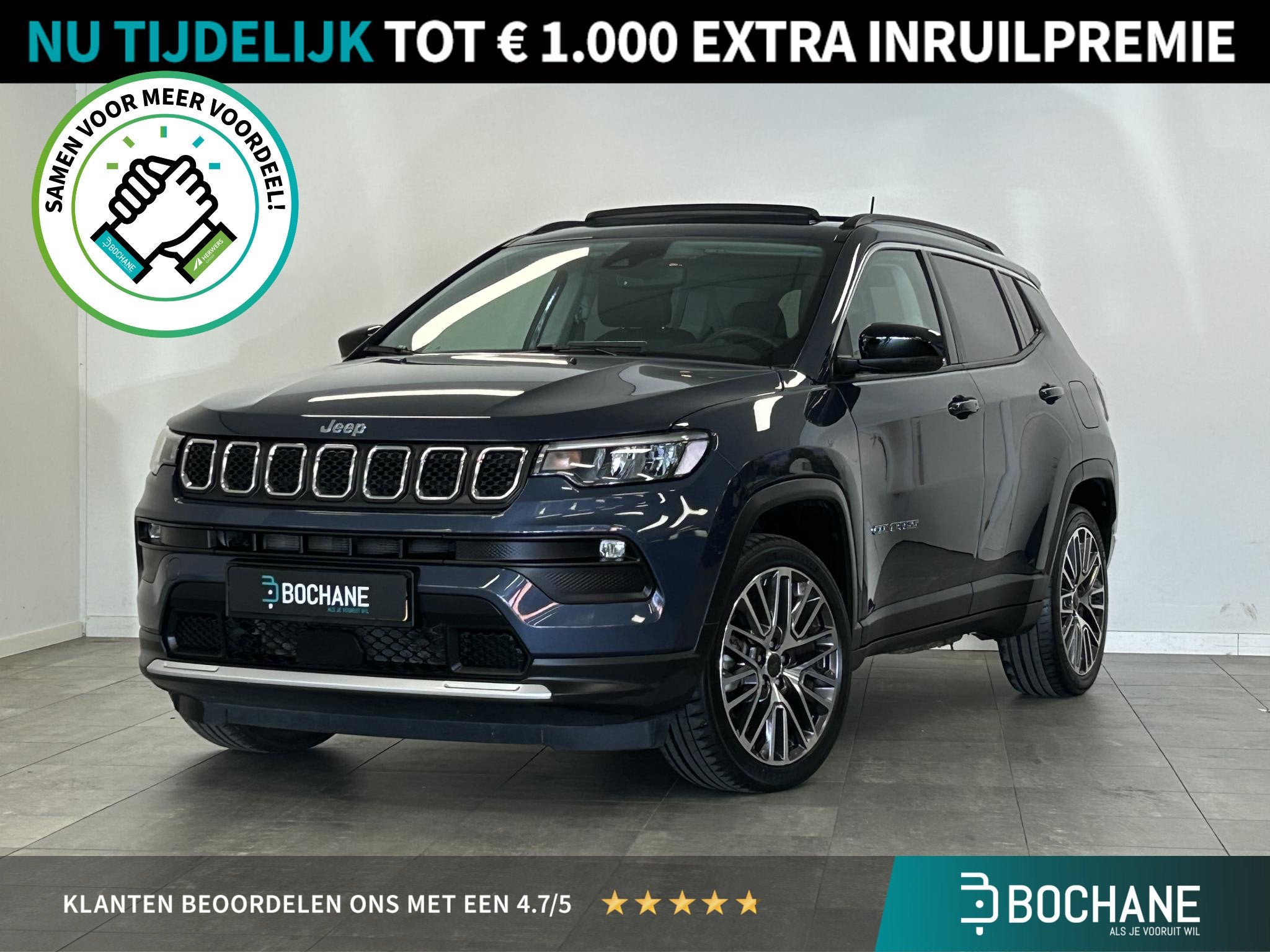 Jeep Compass 4xe 190 Plug-in Hybrid Electric Limited Lease E, Auto's, Automaat, Blauw, Leder en Stof, Vierwielaandrijving