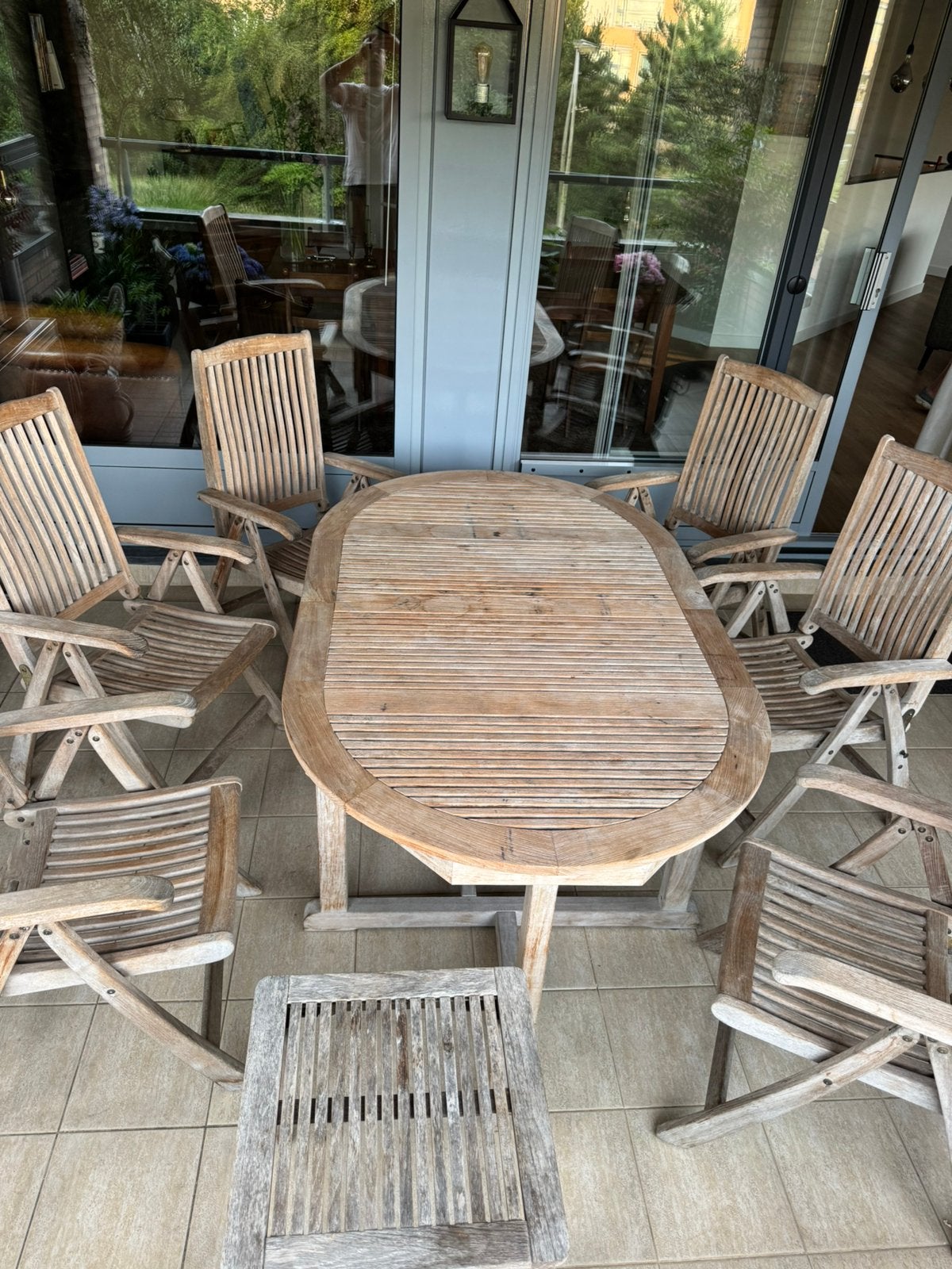 Teak houten tuinset: tafel, 6 stoelen met kussens, bijzettaf, Tuin en Terras, Ophalen, Gebruikt, Eettafel, 6 zitplaatsen