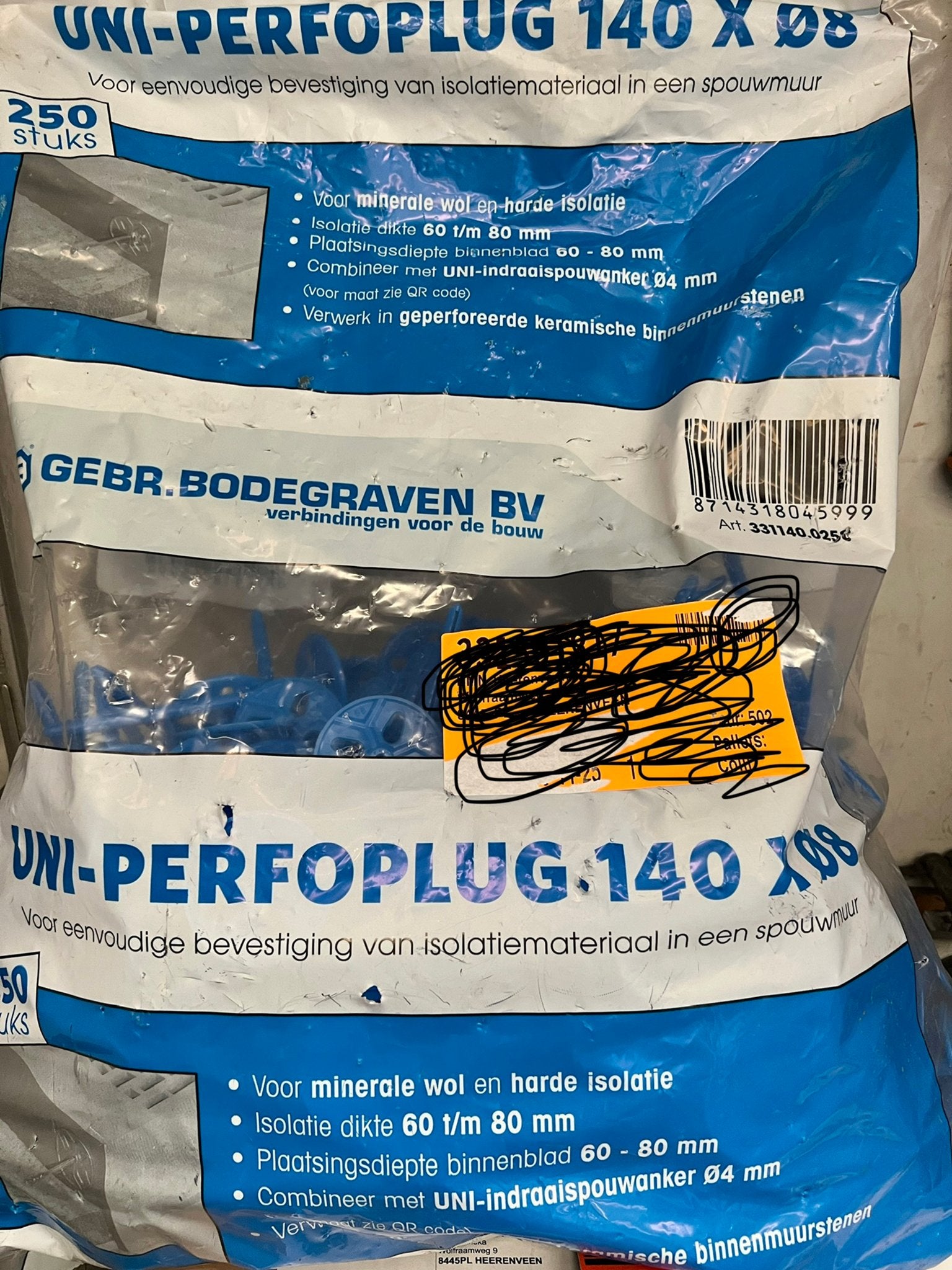 UNI-PERFOPLUG 140 X Ø8 - 250 stuks isolatiepluggen, Ophalen, Overige materialen, 4 tot 8 cm, Nieuw