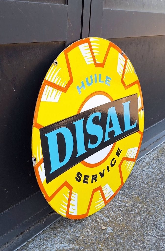 Dubbelzijdig emaille reclamebord van Huile Disal Service., Reclamebord, Gebruikt, ., Ophalen of Verzenden