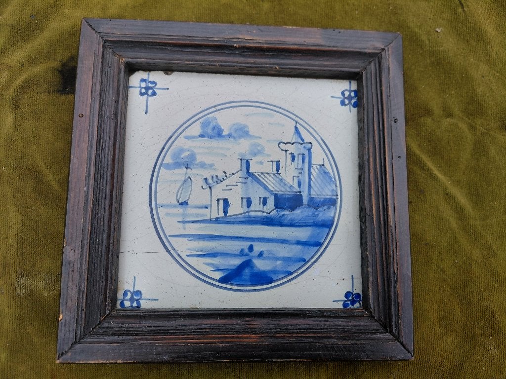 Delftsblauwe tegel huisjes a/h water lxb=13x13 cm in lijst., Verzenden