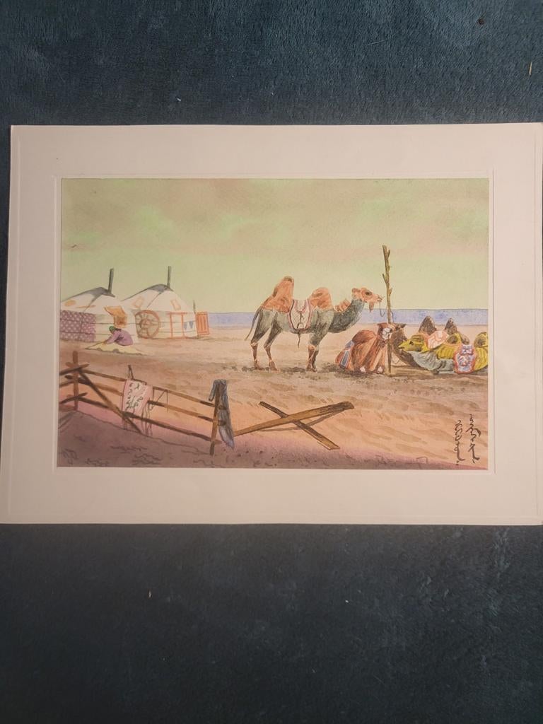 Aquarel Kamelen in Mongolië op Passe-Partout, Antiek en Kunst, Kunst | Tekeningen en Foto's, Ophalen