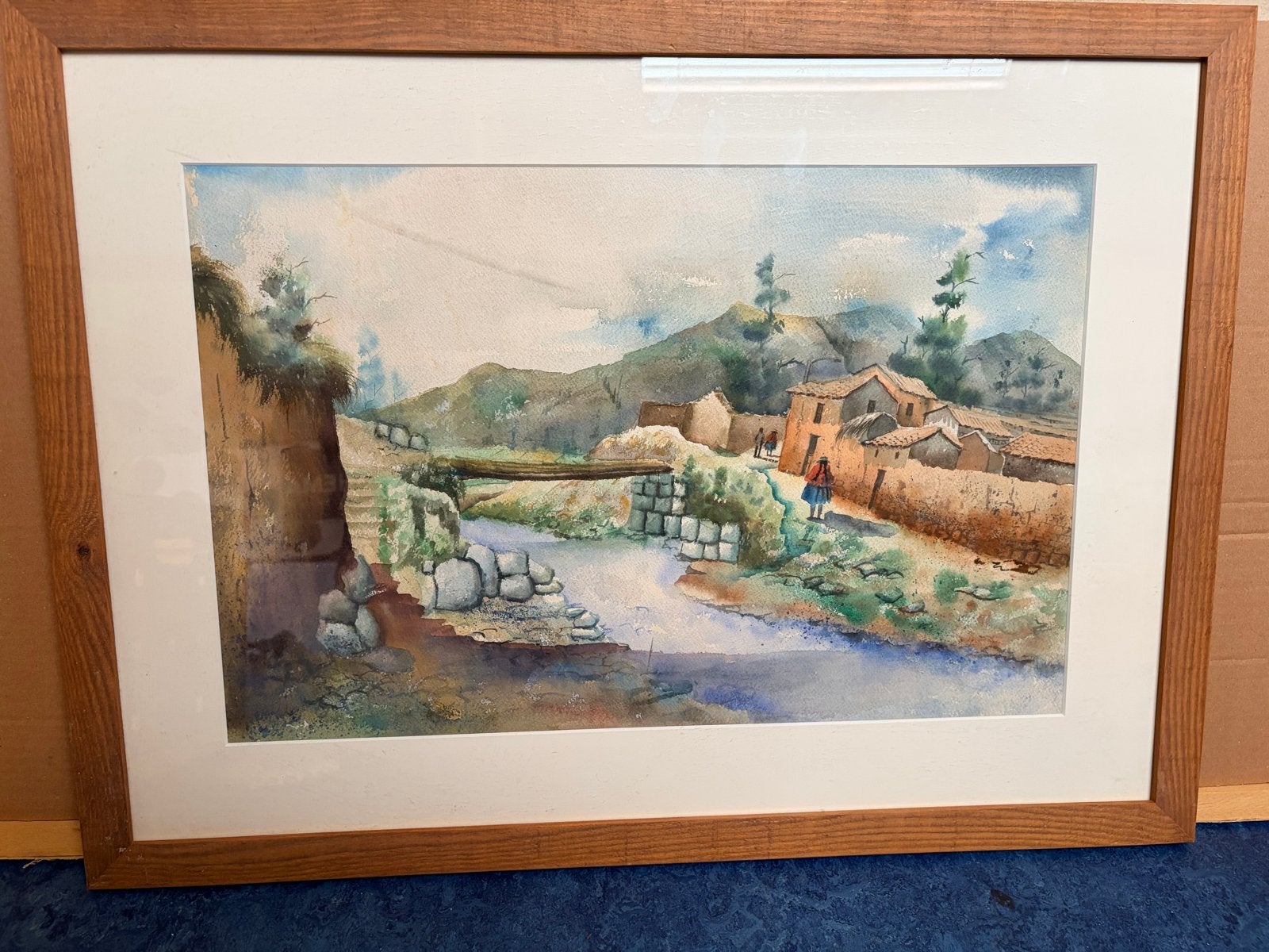 Zuid-Amerikaanse Aquarel Landschap met Rivier en Huizen, Realistisch, Ophalen of Verzenden, Landschap, Aquarel