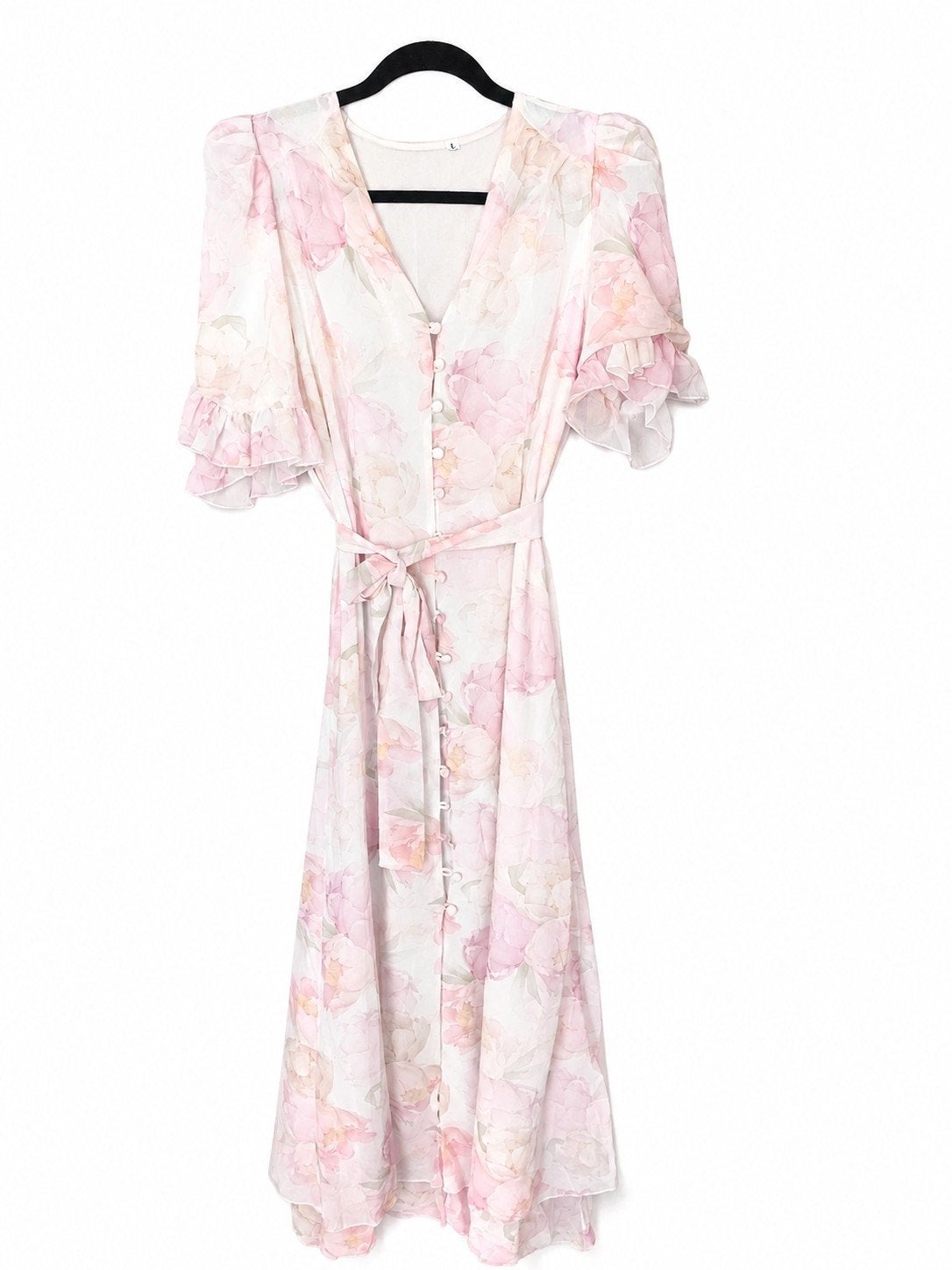 Maxi jurk met bloemenprint en ruches, Kleding | Dames, Jurken, Wit, Maat 42/44 (L), Ophalen of Verzenden, Onder de knie