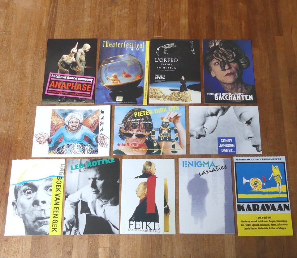 Theater kaarten ansichtkaarten jaren '90 12 stuks Wim Visser, Ophalen of Verzenden, 1980 tot heden, Ongelopen, Cultuur en Media