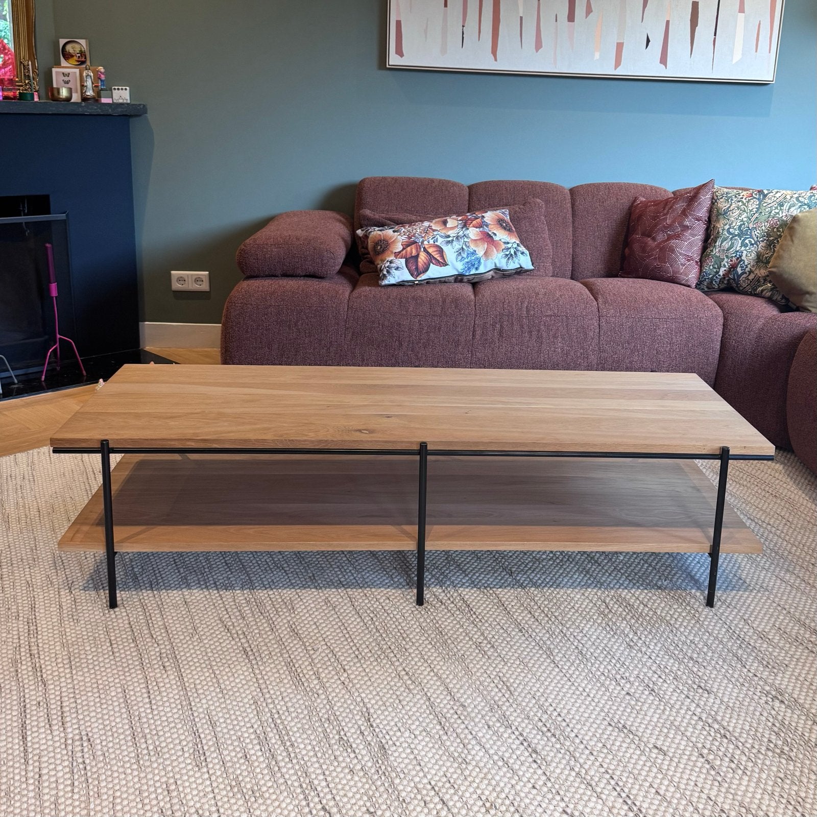 Mooie en stevige houten salontafel met metalen onderstel, Ophalen, Gebruikt, 50 tot 100 cm, 150 tot 200 cm