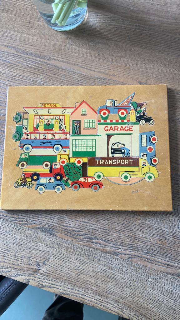 Houten legpuzzel garage transport vintage, Antiek en Kunst, Antiek | Speelgoed, Ophalen of Verzenden