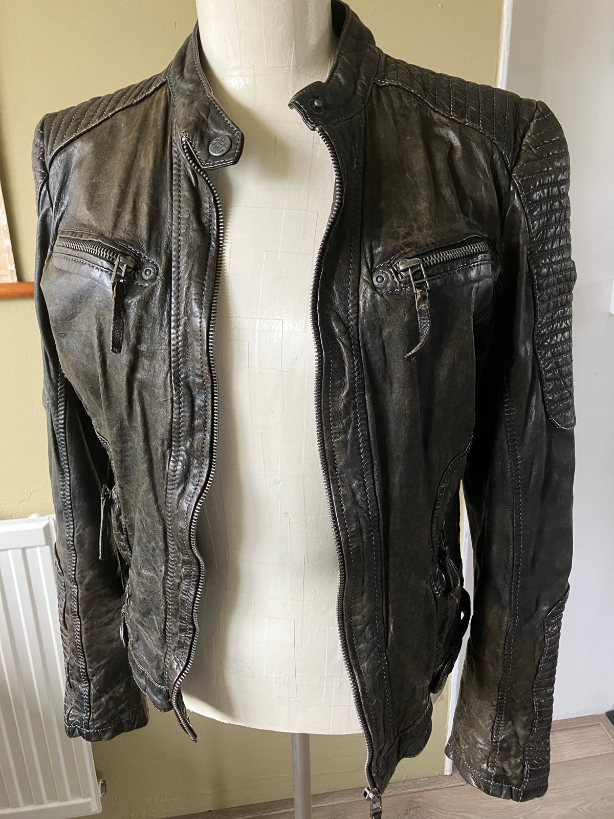 Gipsy stoere leren jas groen/grijs motorbike jack S/M, Ophalen of Verzenden, Gedragen, Maat 36 (S), Groen