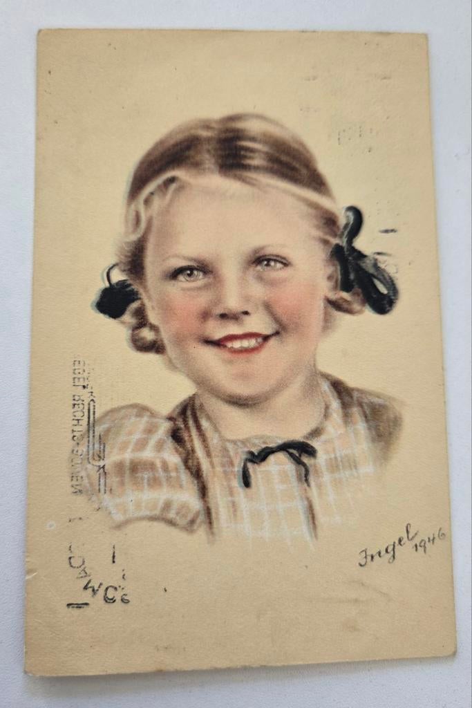 Jong meisje met blond haar en strikken - Ingel, Verzamelen, Ansichtkaarten | Themakaarten, Verzenden, 1940 tot 1960, Gelopen, Kinderen