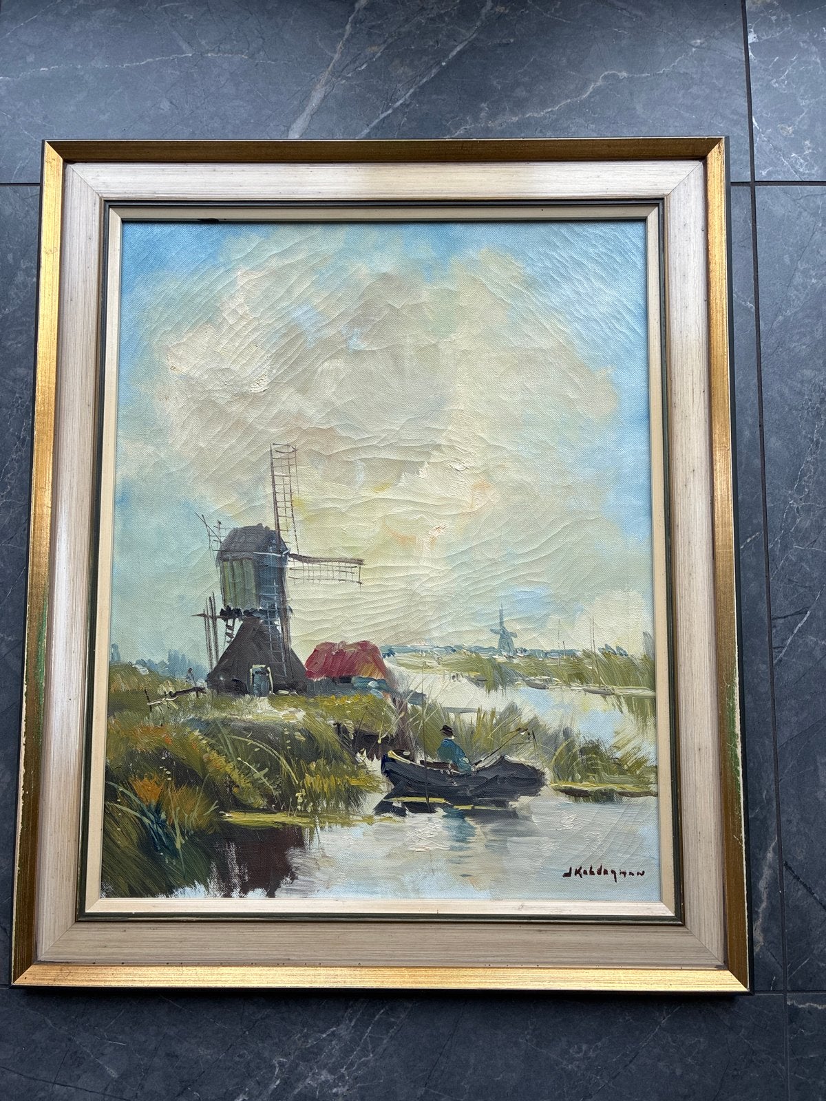 Olieverfschilderij Jan Kelderman - Hollands Molengezicht, Antiek en Kunst, Doek, Impressionistisch, Ophalen of Verzenden, Gesigneerd
