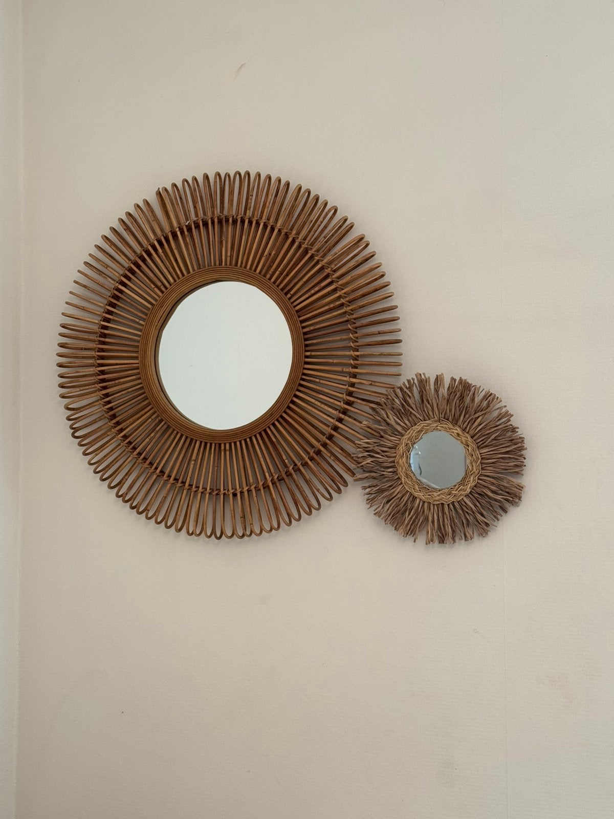 Rotan/boho spiegels, Huis en Inrichting, Ophalen, Rond, Zo goed als nieuw, Minder dan 100 cm