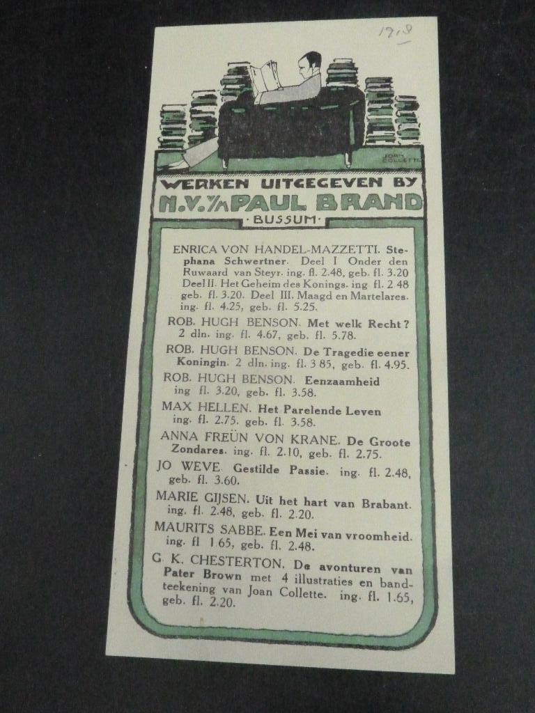 Antieke boekenlegger 1918 Paul Brand Bussum, Ophalen of Verzenden, Nieuw, Reclame